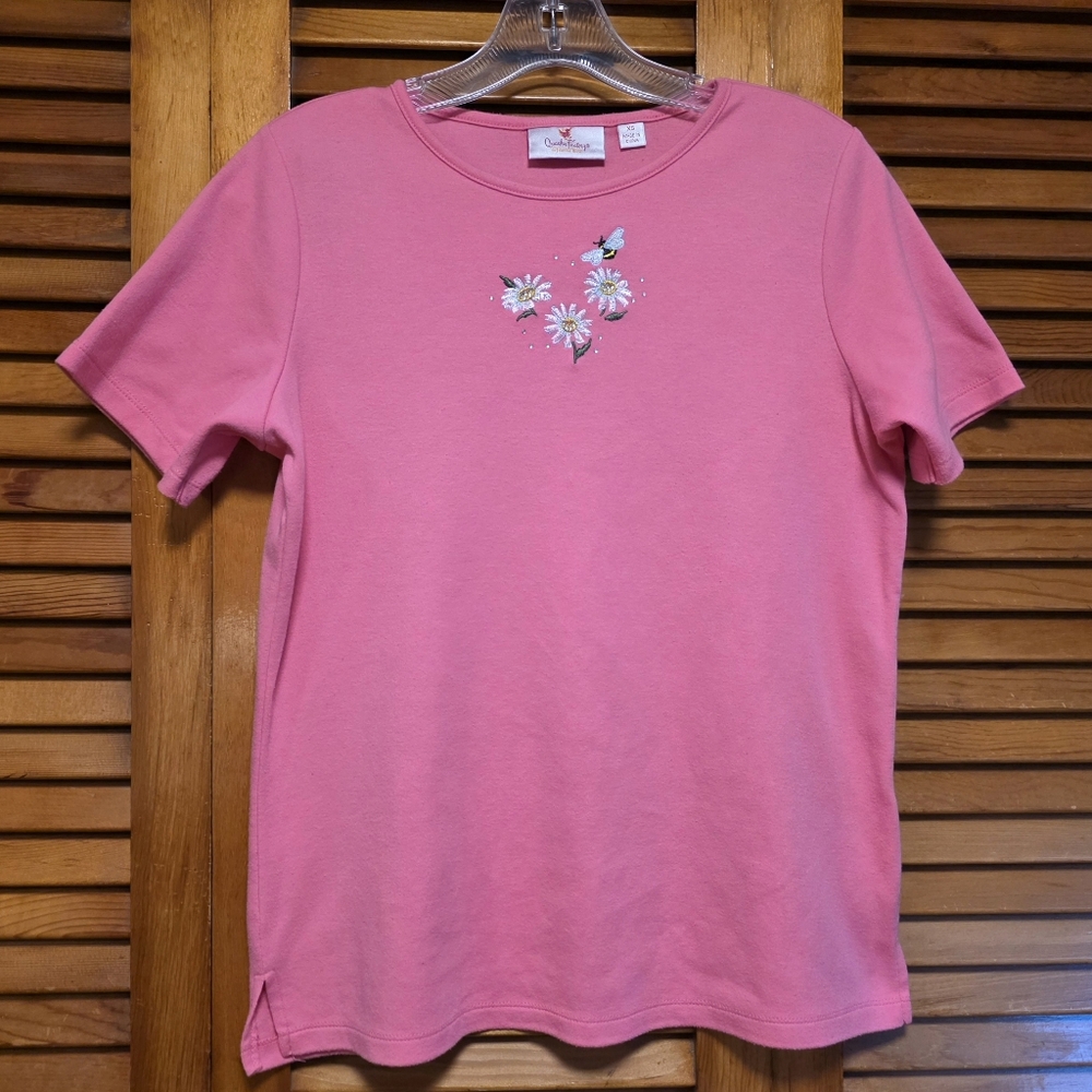 Quacker Factory by Jeanne Bice Pink Flower Front Crew Neck Short Sleeve Top XS